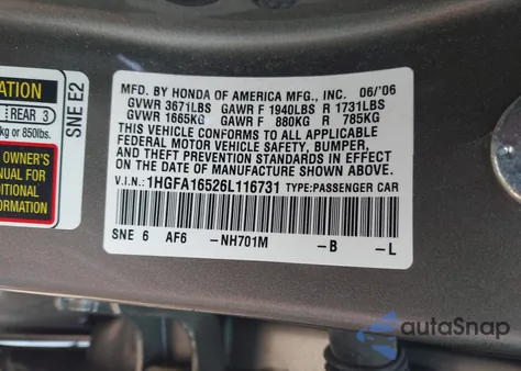 2006 Honda Civic Lx из США, поврежденный, VIN 1HGFA16526L116731